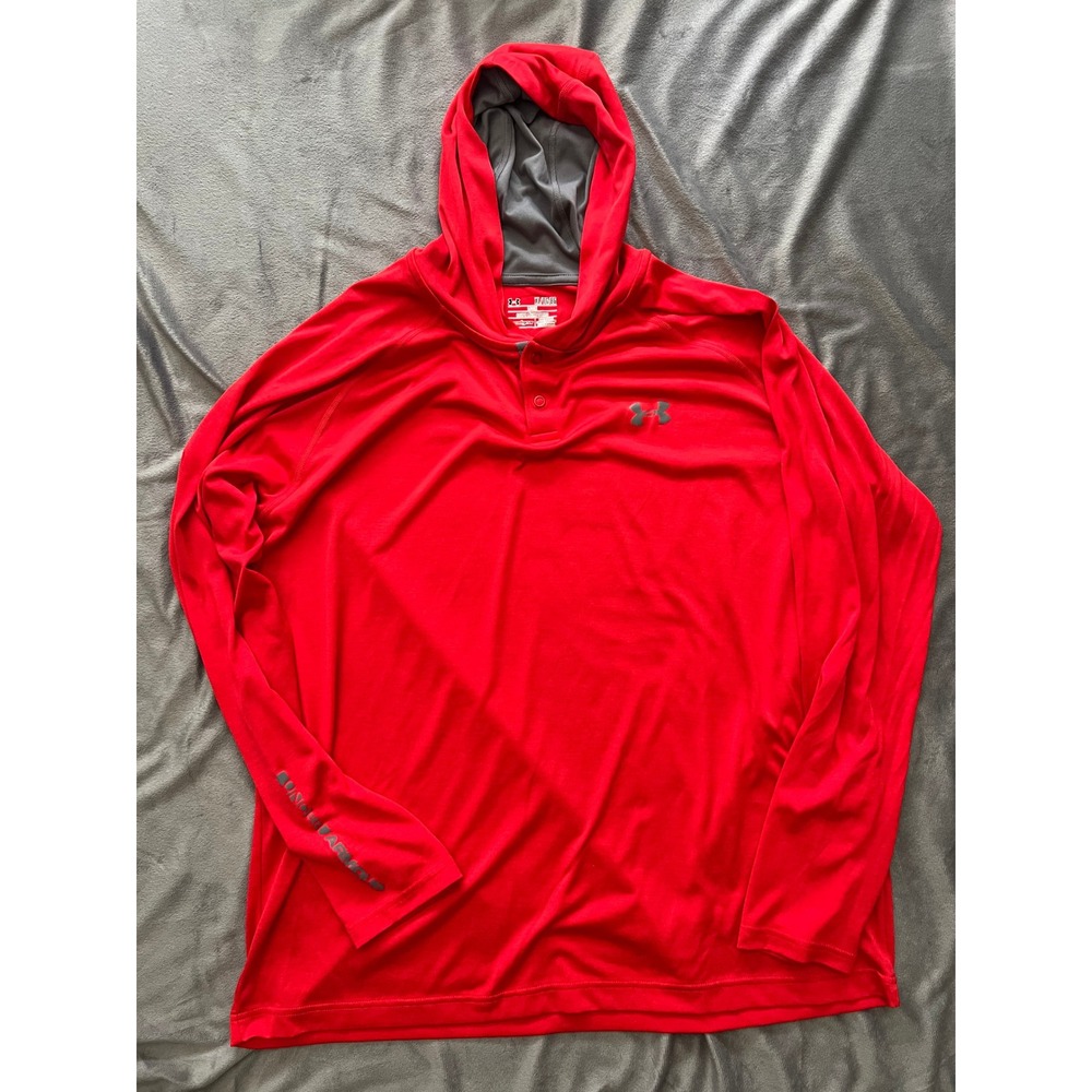 Under Armour Mens HeatGear Red Long Sleeve Hooded Shirt XL Loose Fit Henley